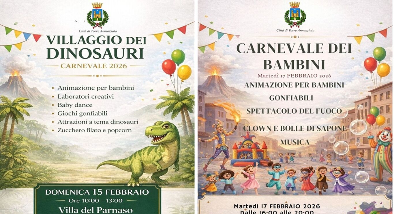 Carnevale 2026 a Torre Annunziata, due eventi per bambini e famiglie tra Villa Parnaso e Rovigliano