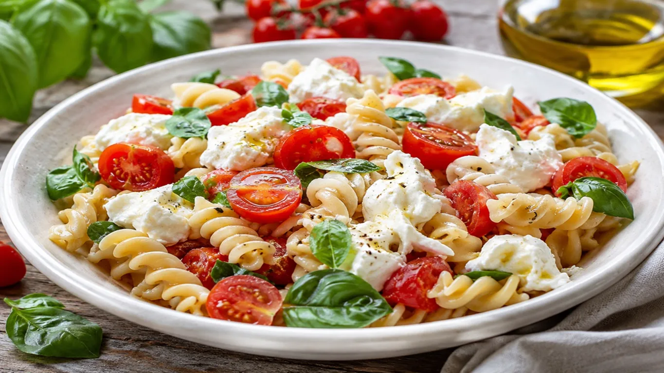 Pasta fredda con pomodorini, burrata e basilico