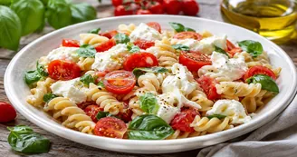 Pasta fredda con pomodorini, burrata e basilico
