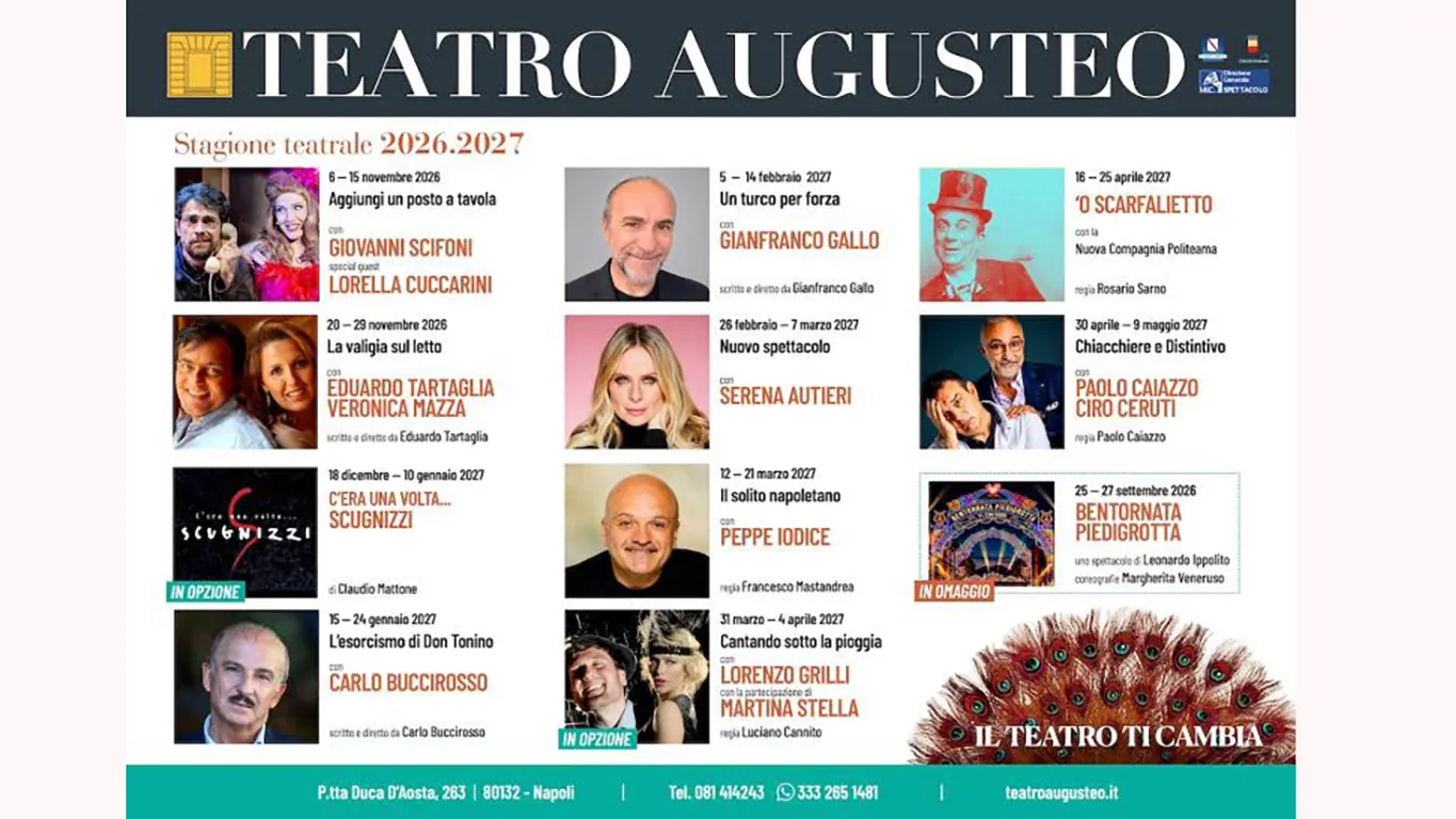 Napoli – Teatro Augusteo, presentata la stagione 2026-27: offerta che coniuga tradizione, musical e comicità d'autore