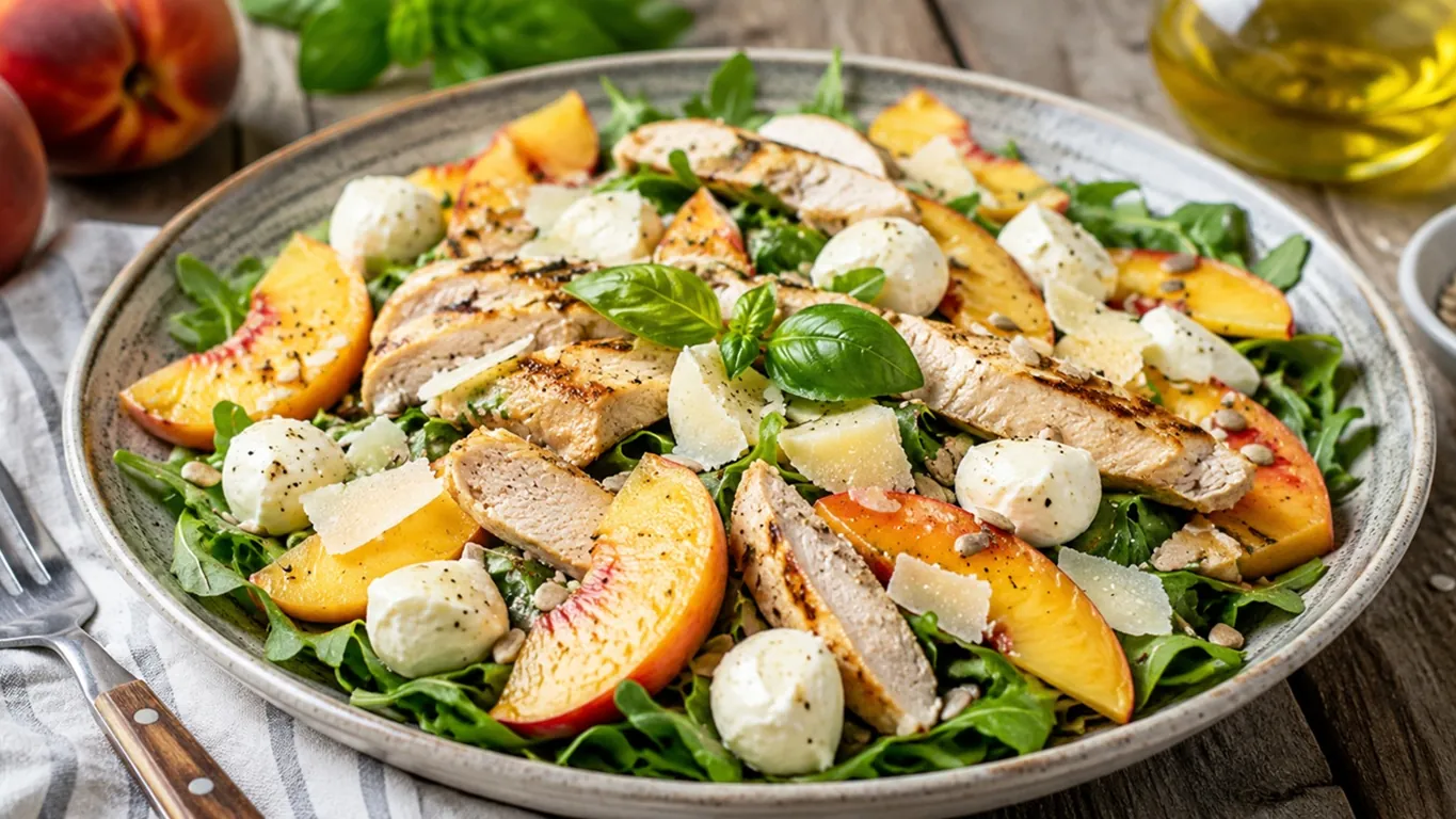 Insalata di pollo croccante con pesche e mozzarella