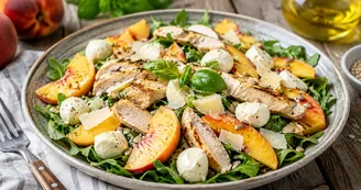 Insalata di pollo croccante con pesche e mozzarella