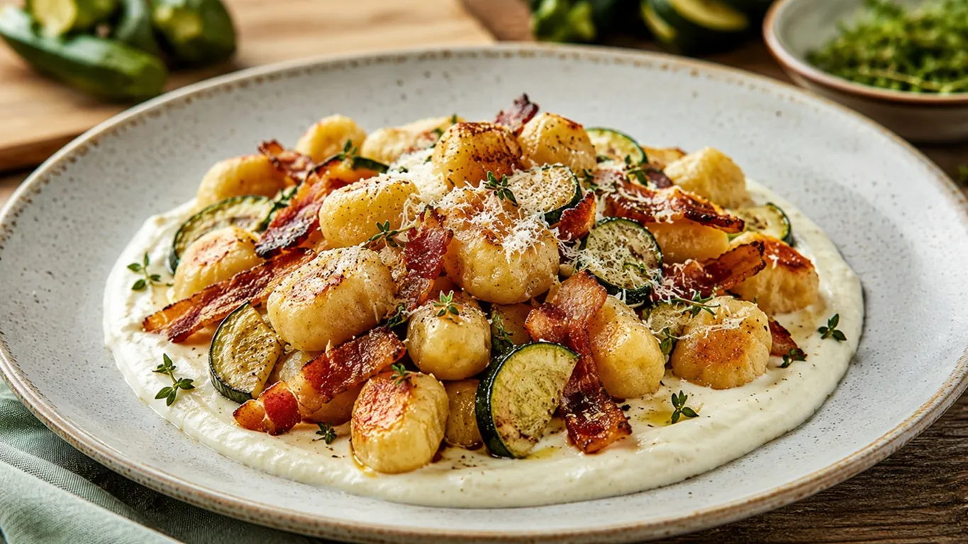 Gnocchi croccanti con zucchine, speck e crema di robiola