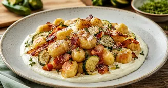 Gnocchi croccanti con zucchine, speck e crema di robiola