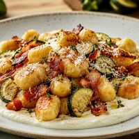 Gnocchi croccanti con zucchine, speck e crema di robiola