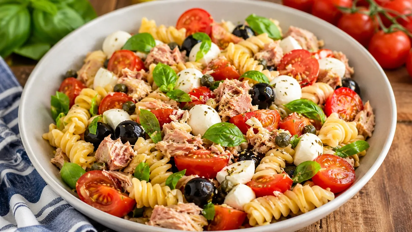 Pasta fredda mediterranea con tonno, mozzarella e pomodorini