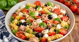 Pasta fredda mediterranea con tonno, mozzarella e pomodorini