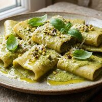 Paccheri con crema di zucchine, burrata e granella di pistacchi