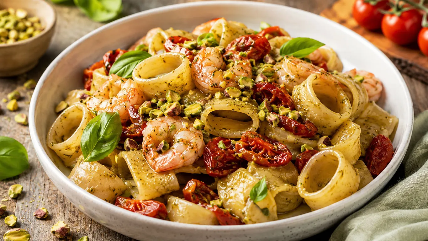 Calamarata con pesto di pistacchi, gamberi e pomodorini confit