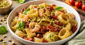 Calamarata con pesto di pistacchi, gamberi e pomodorini confit