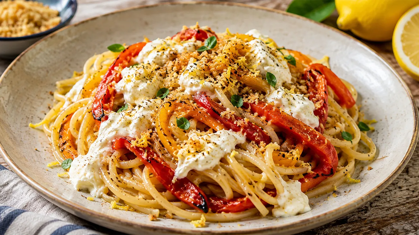 Linguine con peperoni arrostiti, stracciatella e pangrattato al limone