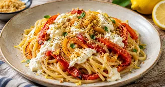 Linguine con peperoni arrostiti, stracciatella e pangrattato al limone