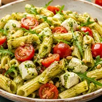 Pasta fredda con pesto di rucola, pomodorini e mozzarella