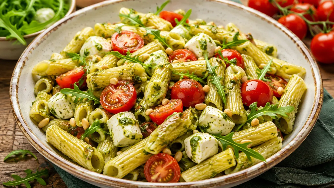 Pasta fredda con pesto di rucola, pomodorini e mozzarella