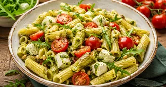 Pasta fredda con pesto di rucola, pomodorini e mozzarella