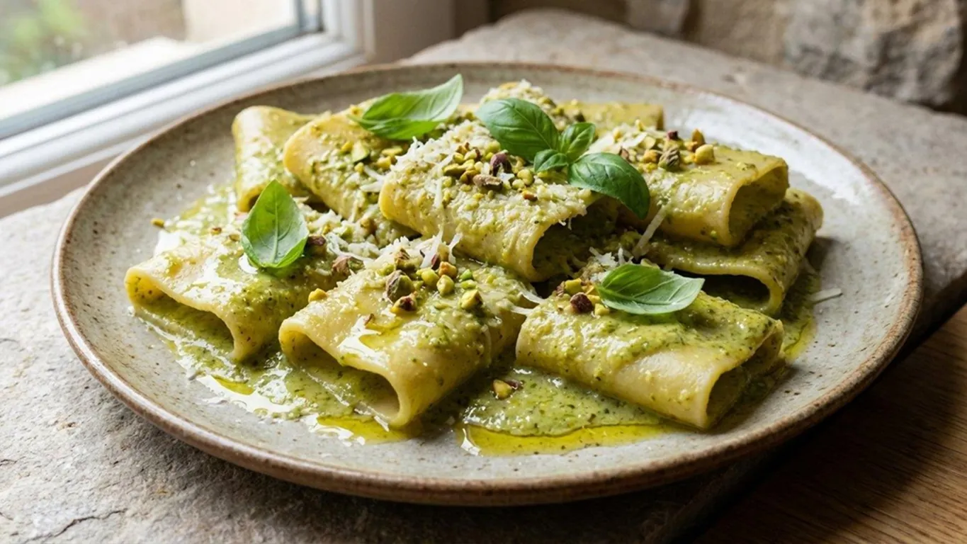Paccheri con crema di zucchine, gamberi e limone