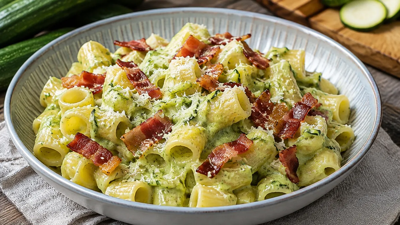 Pasta con crema di zucchine, speck croccante e parmigiano