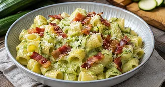 Pasta con crema di zucchine, speck croccante e parmigiano