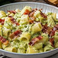 Pasta con crema di zucchine, speck croccante e parmigiano