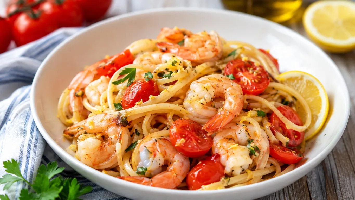 Spaghetti con pomodorini, limone e gamberi, il primo fresco dell'estate