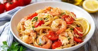 Spaghetti con pomodorini, limone e gamberi, il primo fresco dell'estate