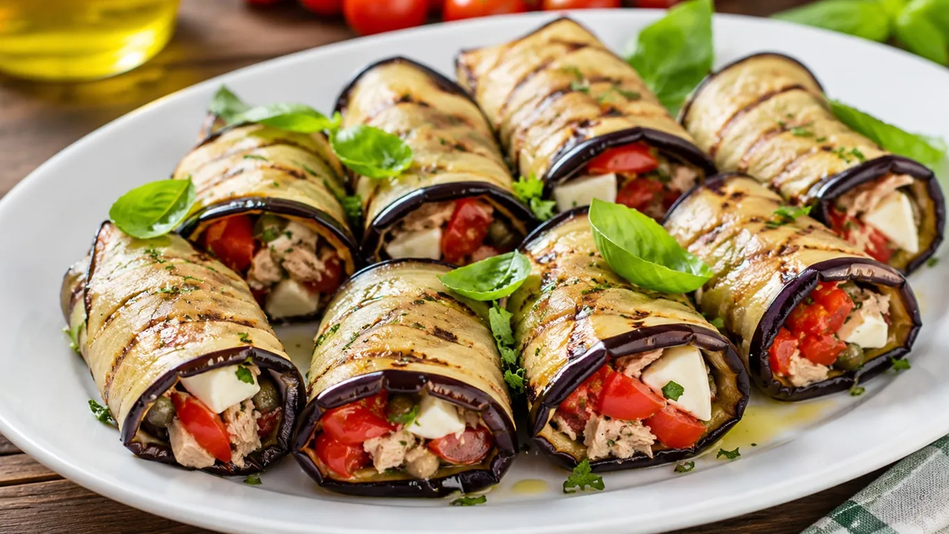 Involtini di melanzane con tonno, pomodorini e mozzarella