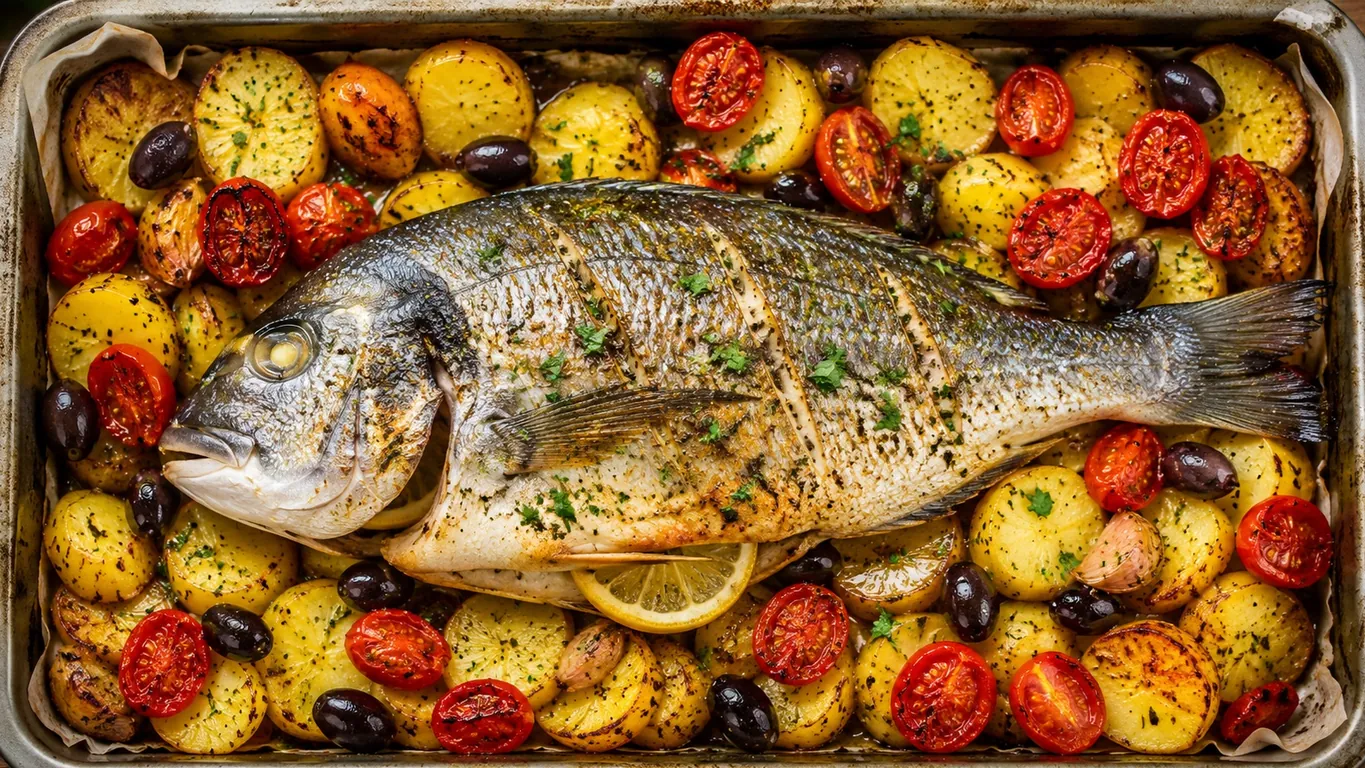 Orata al forno con pomodorini, olive e patate