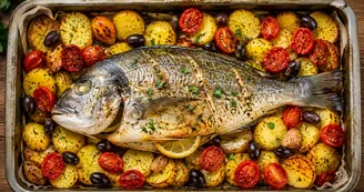 Orata al forno con pomodorini, olive e patate