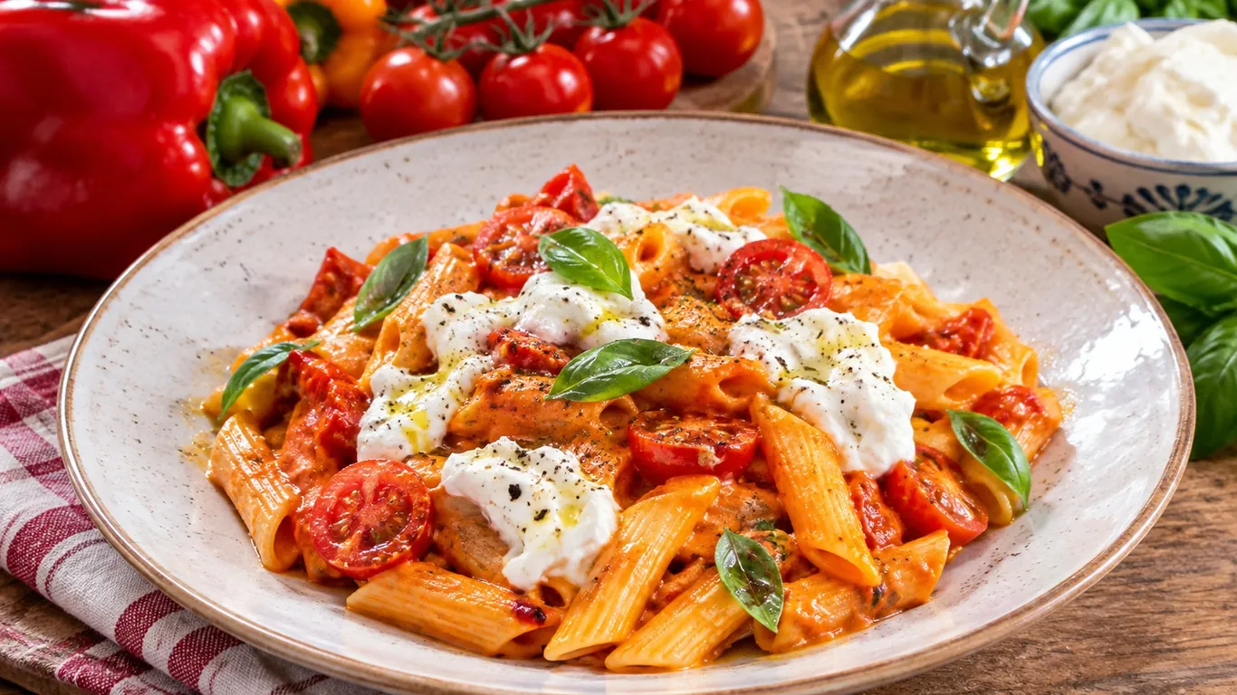 Pasta con crema di peperoni, pomodorini e stracciatella
