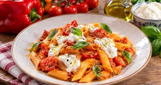Pasta con crema di peperoni, pomodorini e stracciatella