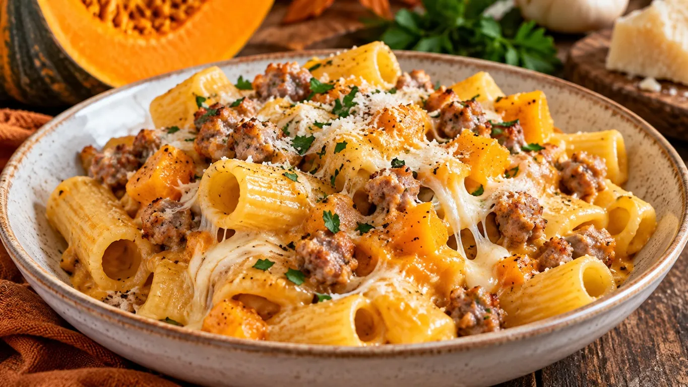 Pasta cremosa con zucca, salsiccia e provola