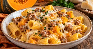 Pasta cremosa con zucca, salsiccia e provola
