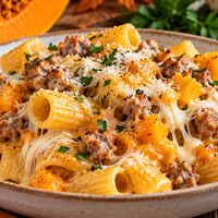 Pasta cremosa con zucca, salsiccia e provola