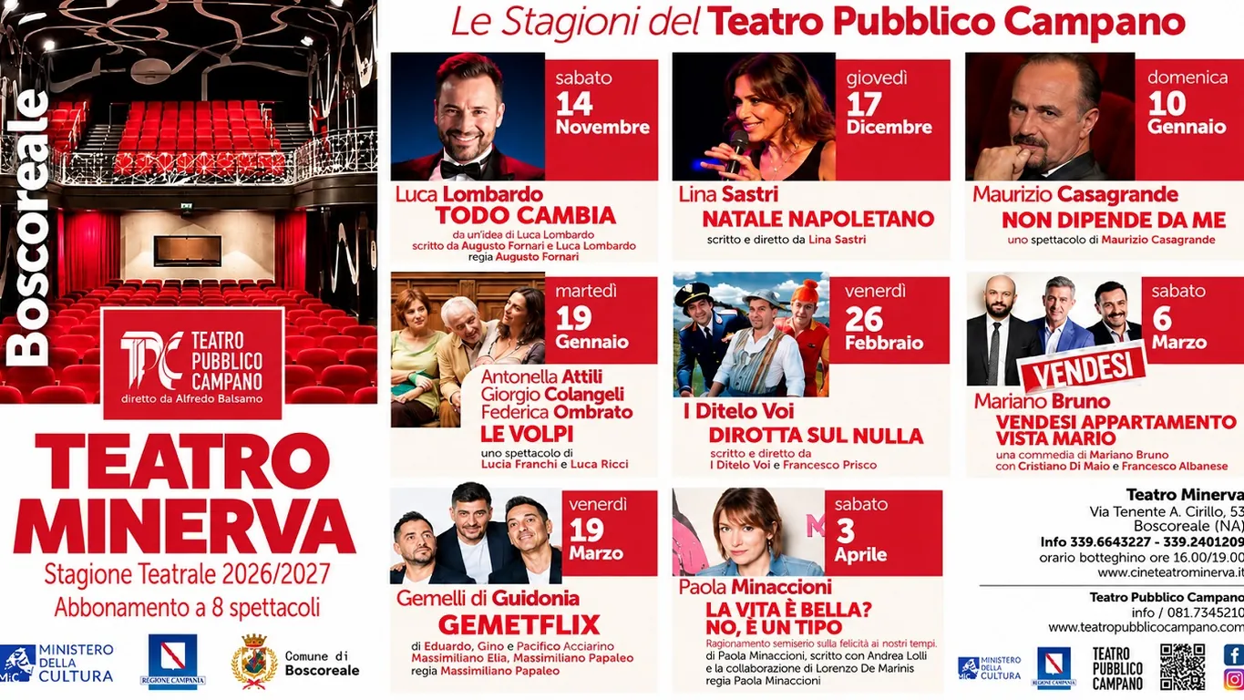 Boscoreale, al Teatro Minerva una stagione da grandi protagonisti: otto spettacoli tra comicità, musica e prosa