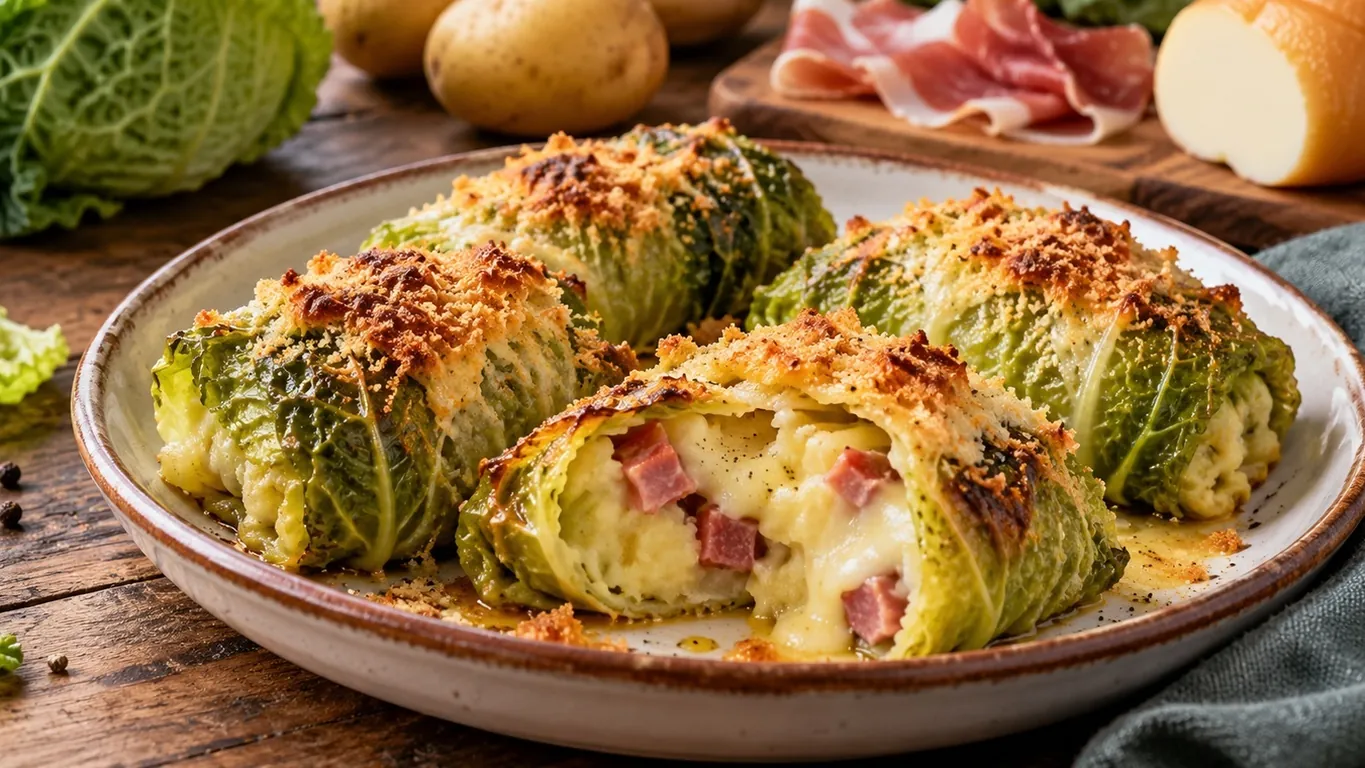 Involtini di verza con patate, speck e un cuore filante di scamorza
