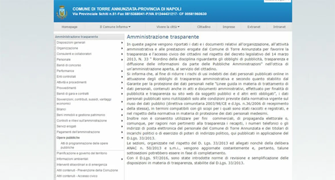 Torre Annunziata - Informazioni "trasparenti" sul sito istituzionale, il Comune tra i primi 50 in Italia