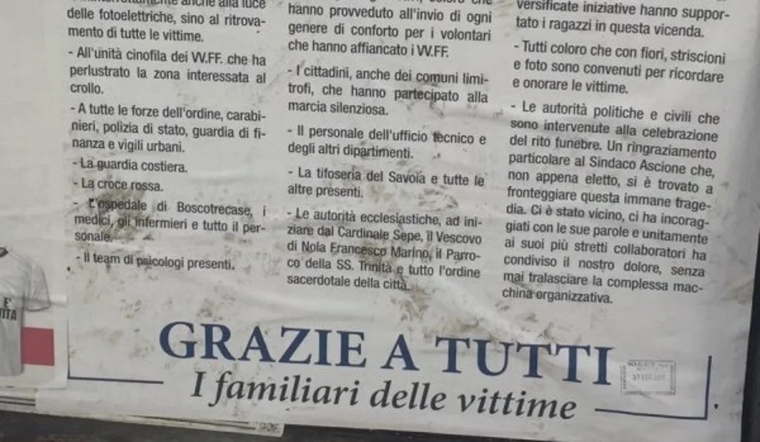 Torre Annunziata - Crollo della palazzina, i familiari delle vittime ringraziano la città