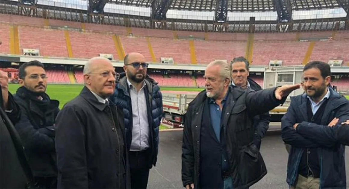 Stadio San Paolo, sopralluogo per i lavori con il presidente De Laurentiis e il governatore De Luca