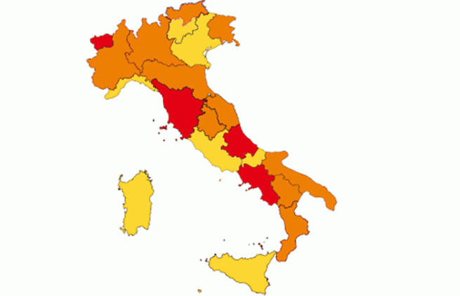 Tre Regioni da rosse ad arancione, e due da arancione a gialle. La Campania resta rossa