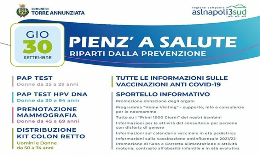 Torre Annunziata - Screening gratuito giovedì 30 settembre con l’iniziativa “Pienz’ a salut”