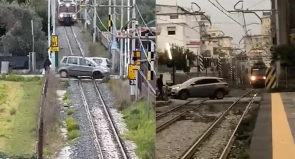 Passaggi a livello aperti, passano le auto mentre giunge il treno: accade a Trecase