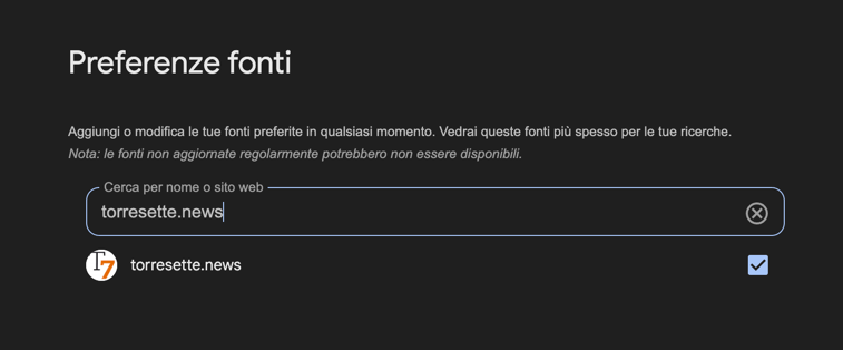 Schermata Google con TorreSette selezionato come fonte preferita